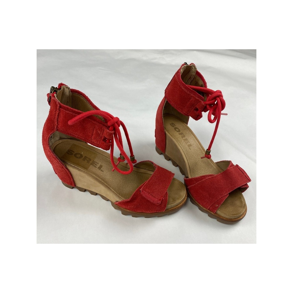 Sorel‎ Wedge Sandals Women's Size 6 Red Joanie Ankle Lace Suede Wedge